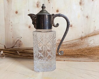 Antique Edwardian Square Cut-Glass Claret Jug, Silver Plated Bacchus Spout for Decorative Display