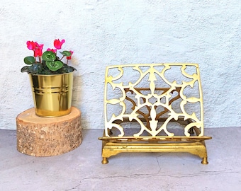 Vintage Brass Book Stand, Ornate Folding Adjustable Book Holder Mid Century