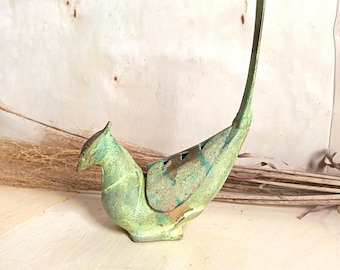 Queimador de incenso Koro japonês vintage de meados do século XX em ferro fundido com formato de faisão | Pátina verde-acinzentada