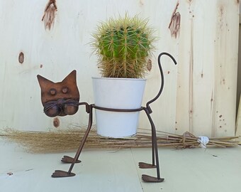 Rustic Metal Cat Pot Plant Holder Industrial Scrap Metal Art