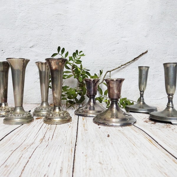 Assorted Vintage Silver Plate Candlesticks, Tapered Candle Holders, Vases, Buy in Pairs