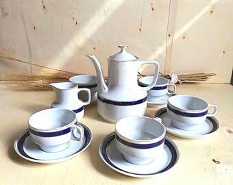 Vintage Hollohaza Hungary 1831 Porcelain Coffee/Tea Set, Blue, Gold, 5-Person