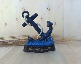 Batente de porta/suporte para livros vintage em ferro fundido com âncora náutica e corda, 20 cm