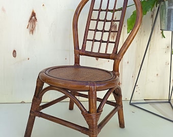 Vintage Woven Rattan Bamboo Children's Chair Mid-Century  Wicker Nursery Chair