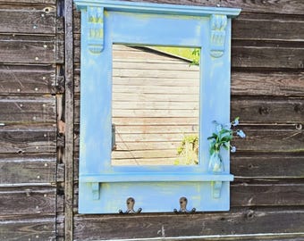 Blue Distressed Wall Mirror with Shelf and Hooks, 20"x 25"Farmhouse, Cottage, Shabby Chic, Hand painted, Entryway Organizer