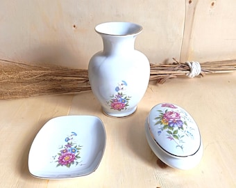 Vintage Hollohaza Hungary 3-Piece Porcelain Boudoir Set - Vase, Trinket Box & Tray, Dressing Table Set