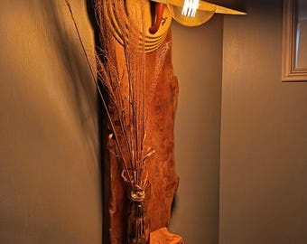 Handmade Live Edge Elm Wood Wall Sconce, Upcycled Vintage Barber Light with Shelf, 96 cm, Inc. Edison LED Light Bulb