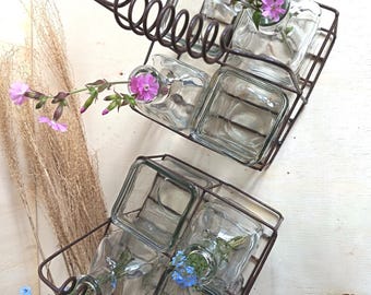 Set of 4 Mini Glass Bottles Carrier Vintage Rustic Iron Wire Caddy  Bud Vase, Milk Bottle Holder