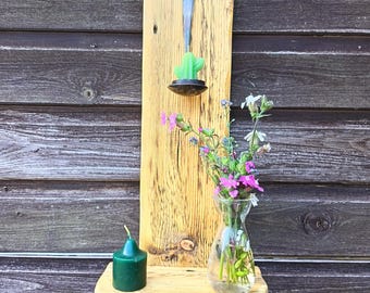 Rustic Handmade Reclaimed Plank Wood and Spoon Wall Tea Light Holder with Shelf