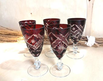 Set of 5 Vintage Czech Bohemian Ruby Red Cut Crystal Sherry Goblets, Wine Glasses