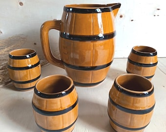 Retro European Hungarian Barrel Shaped Ceramic Wine/Beer Set, Picher with 4 Cups, Mustard and Black