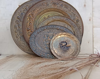 Selection of Vintage Brass Hammered Wall Plaques Embossed Plates Various Sizes and Design