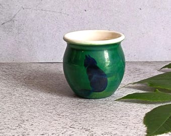Vintage Green Studio Art Pottery Miniature Vase/Pot Seated Cat Motif