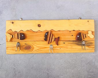 Handmade Playful Fish Wooden Coat Rack,3 Hooks Reclaimed Wall Hanger