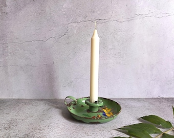 Vintage Floral Enamel Chamberstick Candle Holder