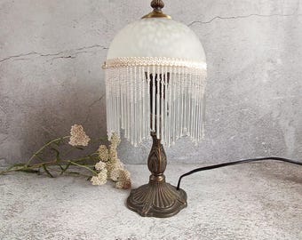 Vintage Boudoir Table Lamp with Beaded Fringe