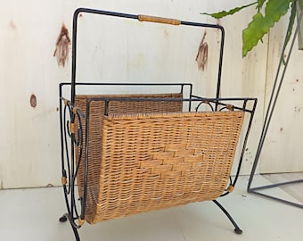 Vintage Wicker/Rattan and Wrought Iron Magazine Rack  With Handle Mid-Century Modern