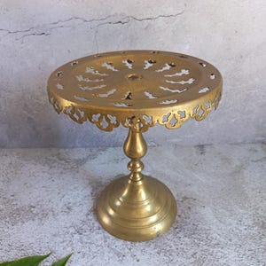 Antique Victorian Brass Trivet Stand | 10" Tall Pierced Pedestal Cake and Kettle Display