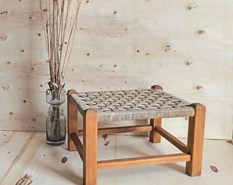 Vintage Wooden Woven String Footstool, Mid-Century Woven Cord Seat