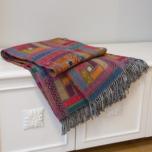 Red Burgundy Colorful Merino Wool Check pattern Blanket Throw Large Plaid Luxury Housewarming Couple Gift Cozy Christmas gift Sofa Throw
