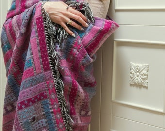 Purple Lilac Merino Wool Check Tartan Pattern Large Blanket Wool Bedding Throw with Fringes Bright Fuchsia wool plaid Luxury Gift for Wife
