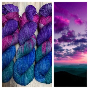 Blue Mountain Sunrise - Hand Dyed Variegated Yarn - Superwash Merino Wool/Nylon Blend - Fingering/Sock Weight - DK Weight