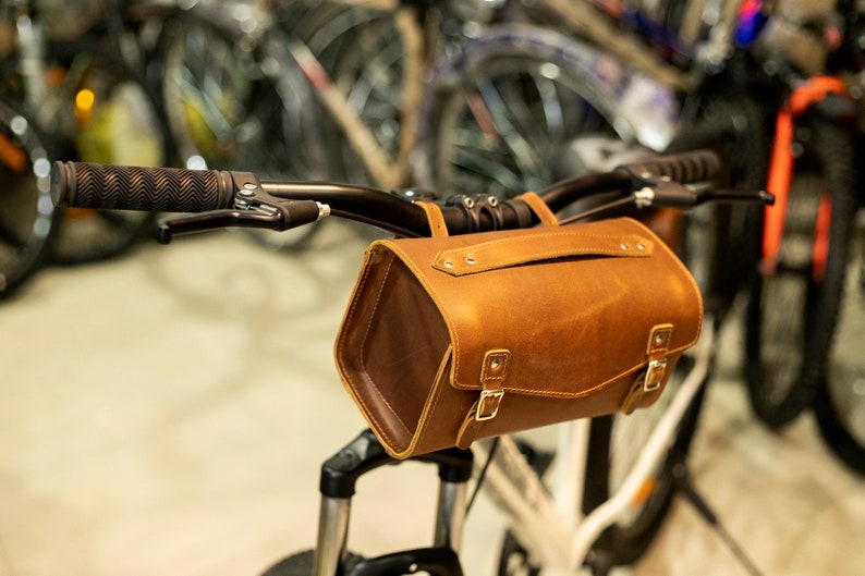 Bicycle Leather Saddle Bag Bike bag Leather Tool Bag Brown Buffalo Leather Panniers bags Bike Handle Bar Bag image 5