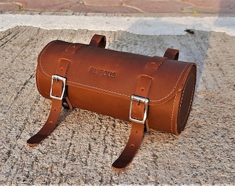 Handlebar Bag, Grain Leather Round Bicycle Tool Carrier with Brass Buckle