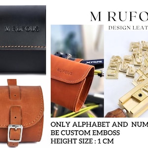 A composite image shows various leather tool bags labeled M Rufous along with metal embossing stamps.