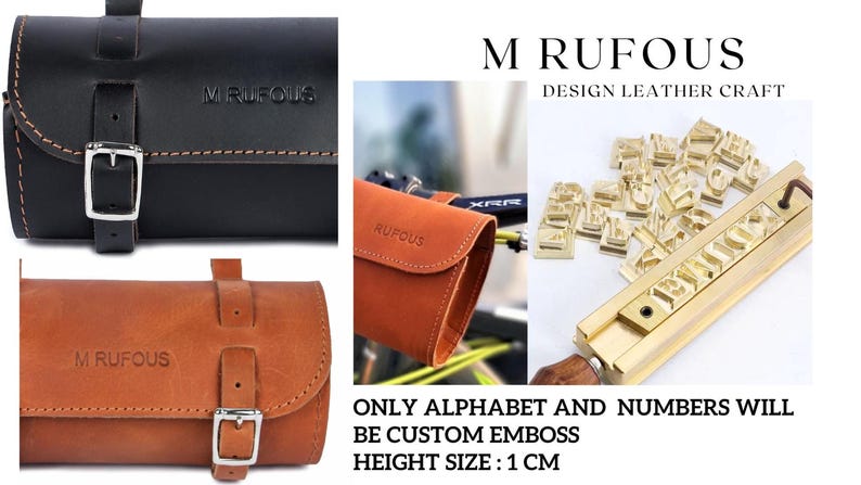 A composite image shows various leather tool bags labeled M Rufous along with metal embossing stamps.