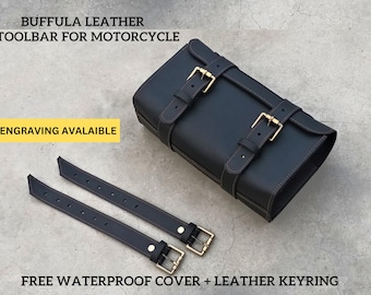 Motorcycle Tool Bag, Vintage Black Leather Pannier with Brass Buckle