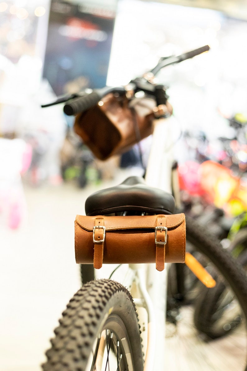 Bicycle Leather Saddle Bag Bike bag Leather Tool Bag Brown Buffalo Leather Panniers bags Bike Handle Bar Bag image 6