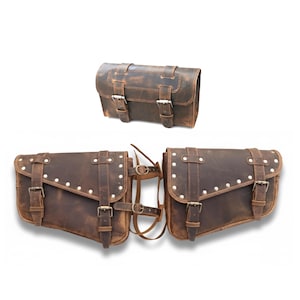Rustic Leather Bag, Buffalo Motorcycle Pannier Storage Set Of 3