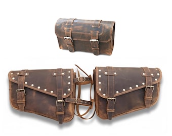 Motorcycle Pannier, Brown Buffalo Leather Three-Bag Set with Buckle Straps