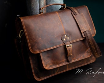 Sac messager bandoulière en cuir de buffle fait main pour ordinateur portable sac à main de bureau sacoche messager vintage rustique pour homme femme cadeau Saint-Valentin