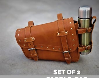 Handmade Buffalo Leather Motorcycle Saddle Bag Set | Vintage Biker Luggage