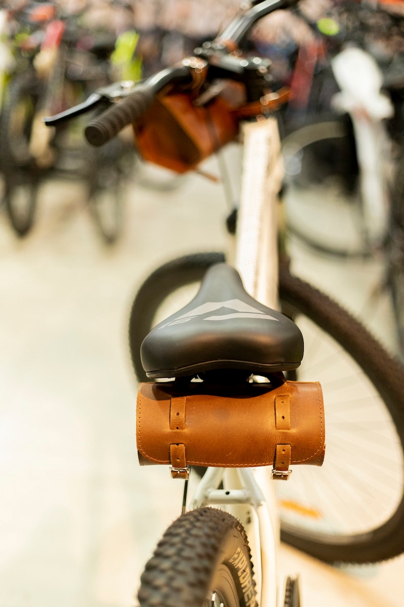 Bicycle Leather Saddle Bag Bike bag Leather Tool Bag Brown Buffalo Leather Panniers bags Bike Handle Bar Bag image 2