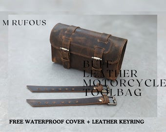 Bike Front Bag, Vintage Leather Motorcycle Tool Storage with Brass Buckle