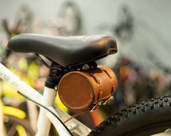 Bike Saddle Bag, Vintage Leather Handlebar Mount with Brass Buckle