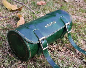 M RUFOUS Bicycle Leather Saddle Bag Green Crunch Leather Tool Bag Leather Bicycle Pannier Bag