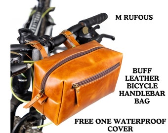Tan Leather Bicycle Handlebar Bag - Handmade Pannier Tool Organizer