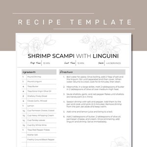 Puede incluir: Una plantilla de receta imprimible para Camarones Scampi con Linguini. La receta incluye una lista de ingredientes e instrucciones para preparar el plato. La receta está diseñada para servir a 4-6 personas y tiene un tiempo de preparación de 10 minutos y un tiempo de cocción de 15 minutos.