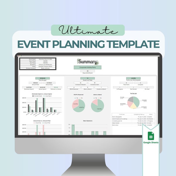 Può includere: Uno schermo di computer che mostra un foglio di calcolo di Google Sheets con uno schema di colori verde e bianco. Il foglio di calcolo è intitolato "Modello di pianificazione eventi definitivo" e include grafici e diagrammi. Il foglio di calcolo è progettato per aiutare gli utenti a pianificare e tenere traccia degli eventi.
