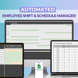 Puede incluir: Una captura de pantalla de una pantalla de ordenador que muestra una hoja de cálculo de Google Sheets con el título "Administrador automatizado de turnos y horarios de empleados". La hoja de cálculo está dividida en columnas para cada día de la semana y filas para cada empleado. La hoja de cálculo también incluye una sección para los totales semanales.
