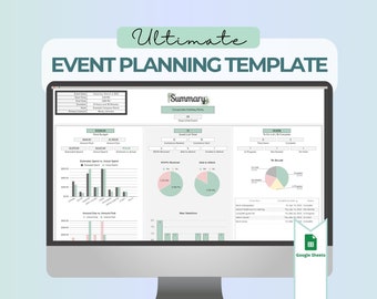 May include: A computer screen displaying a Google Sheets spreadsheet with a green and white color scheme. The spreadsheet is titled "Ultimate Event Planning Template" and includes charts and graphs. The spreadsheet is designed to help users plan and track events.