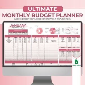 Monthly Budget Spreadsheet (Pink) | Annual Personal Finance Tracker | Google Sheets | Financial Planner | Monthly Budget | Debt Tracker