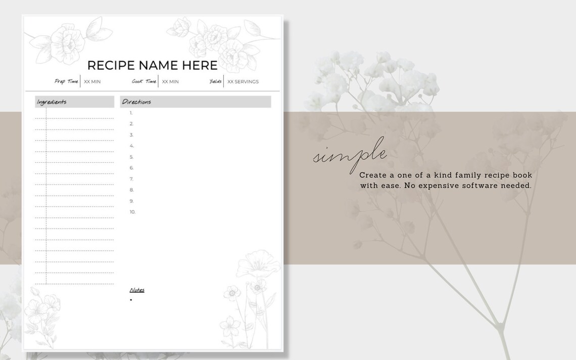 Editable Recipe Template for Google Docs Floral Printable Recipe Binder Sheet Personalized ...