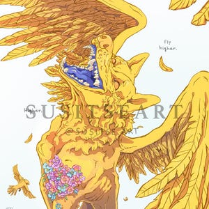Puede incluir: Ilustración dorada de una criatura mítica con grandes alas emplumadas, boca abierta y un arreglo floral en el pecho. El texto "Fly higher" es visible. La obra de arte tiene un tema caprichoso y fantástico.