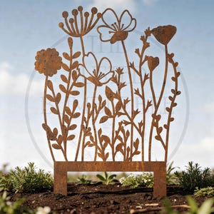 Rusted Metal Wildflower Garden Stake: Rustic Outdoor Decor