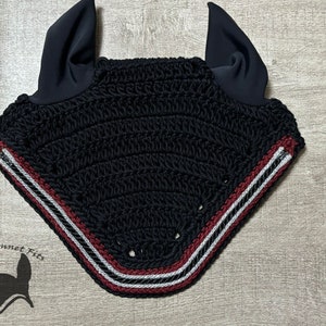 Handmade Crochet Miniature Horse Fly Bonnet: Black with Maroon Edging